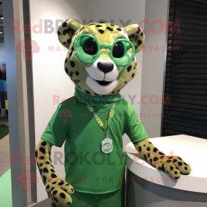 Green Cheetah mascot costume character dressed with a Rash Guard and Eyeglasses