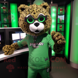 Green Cheetah mascot costume character dressed with a Rash Guard and Eyeglasses