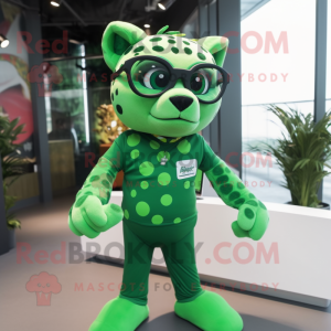 Green Cheetah mascot costume character dressed with a Rash Guard and Eyeglasses