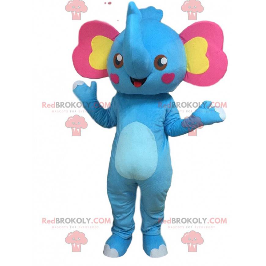 Mascota elefante azul con orejas rosas y amarillas -
