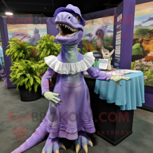 Lavender Spinosaurus mascot costume character dressed with a Wrap Dress and Berets
