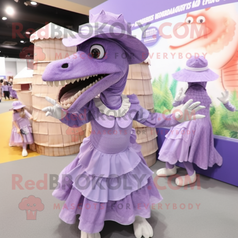 Lavender Spinosaurus mascot costume character dressed with a Wrap Dress and Berets