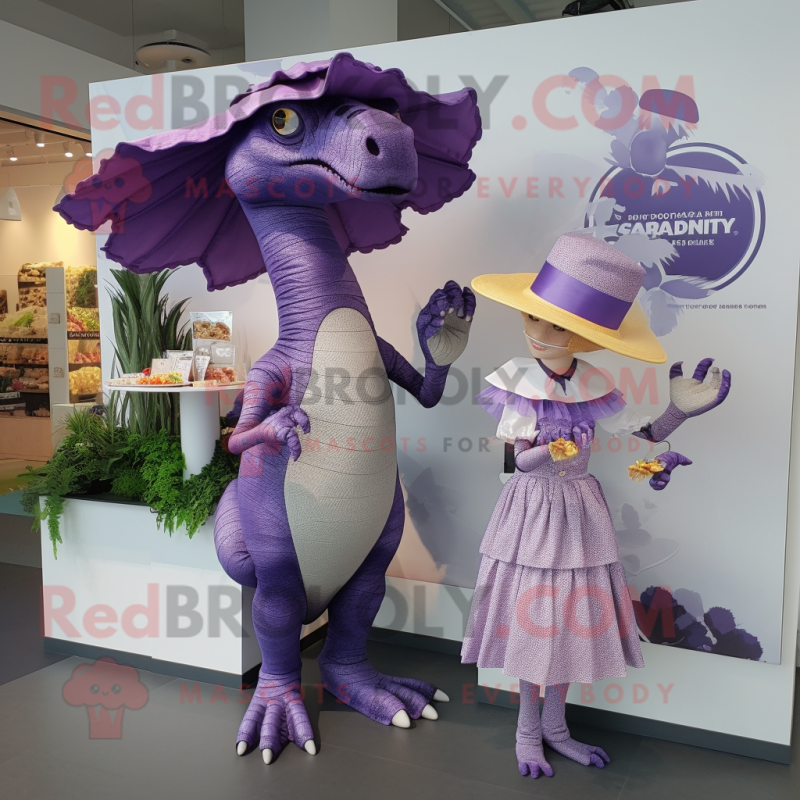 Lavender Spinosaurus mascot costume character dressed with a Wrap Dress and Berets