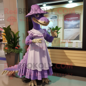 Lavender Spinosaurus mascot costume character dressed with a Wrap Dress and Berets