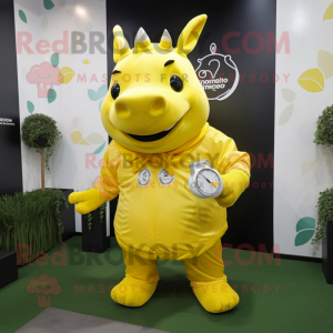 Lemon Yellow Rhinoceros mascot costume character dressed with a Raincoat and Smartwatches