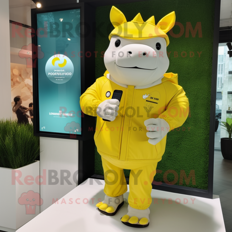 Lemon Yellow Rhinoceros mascot costume character dressed with a Raincoat and Smartwatches