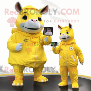 Lemon Yellow Rhinoceros mascot costume character dressed with a Raincoat and Smartwatches