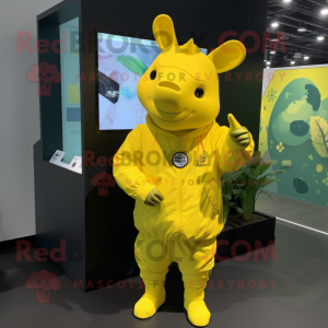 Lemon Yellow Rhinoceros mascot costume character dressed with a Raincoat and Smartwatches