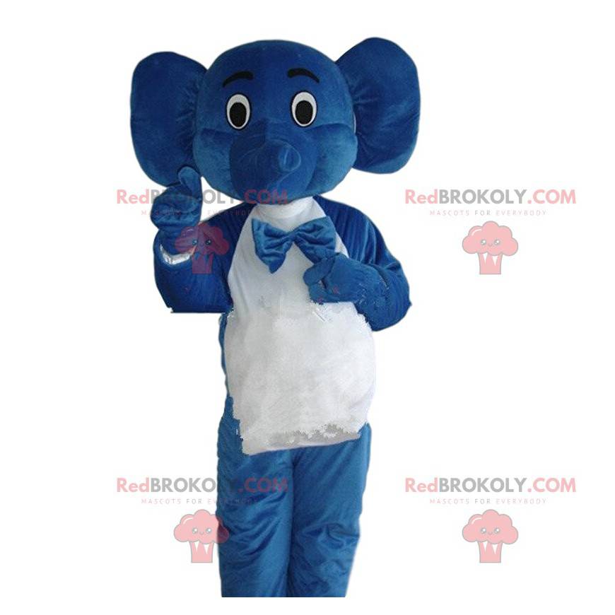 Blå elefantdräkt i servitördräkt, servitörsmaskot -