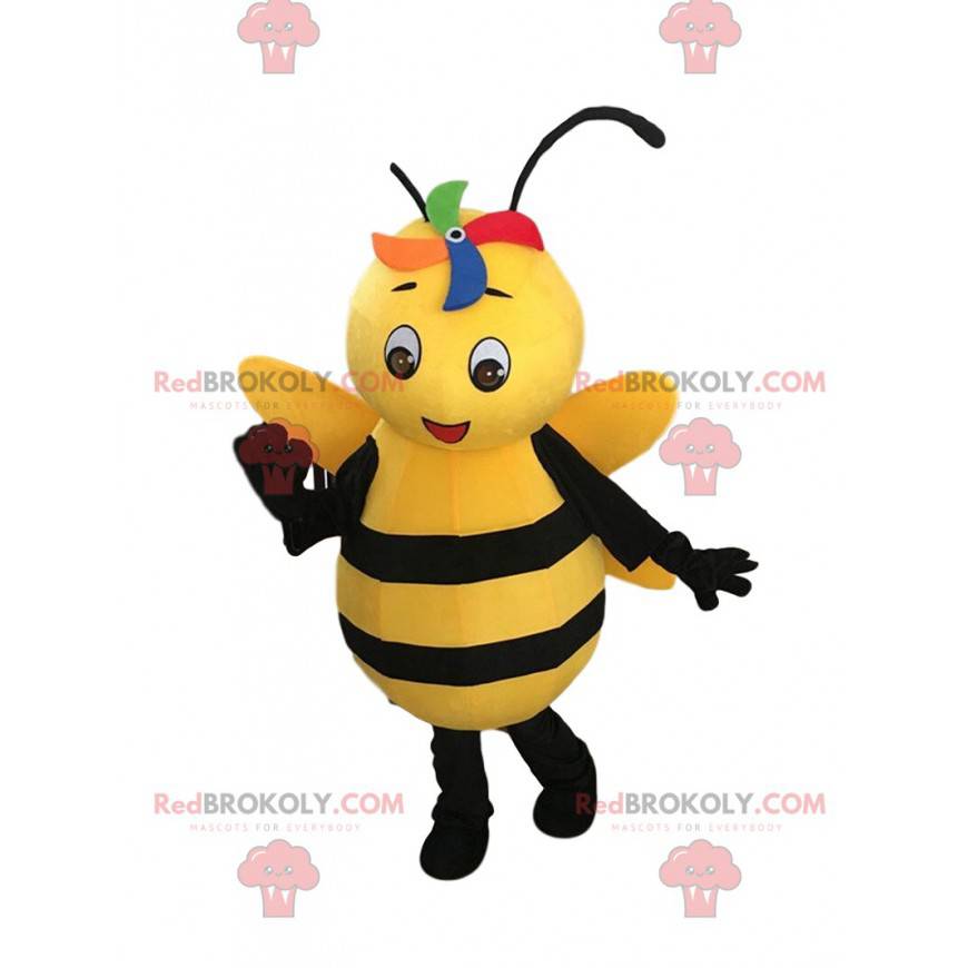 Mascotte d'abeille jaune et noire, costume de guêpe souriante -