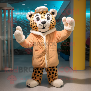 Tan Leopard mascot costume character dressed with a Windbreaker and Mittens