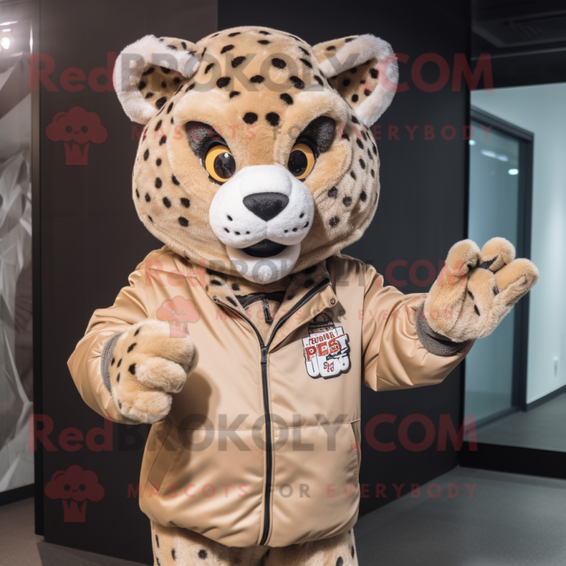 Tan Leopard mascot costume character dressed with a Windbreaker and Mittens