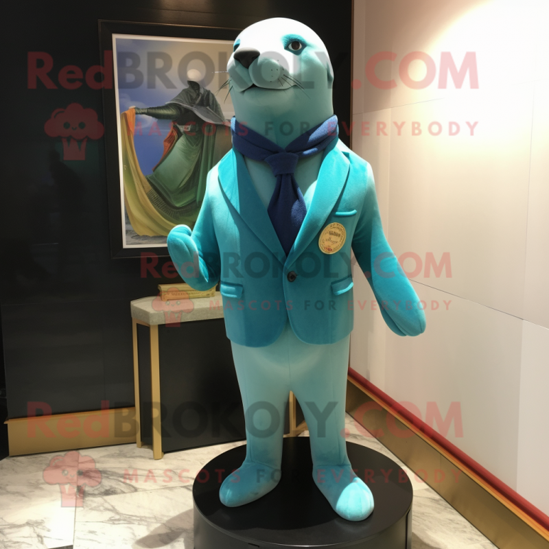 Cyan Sea Lion mascot costume character dressed with a Suit Jacket and Brooches