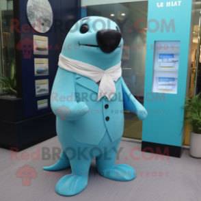 Cyan Sea Lion mascot costume character dressed with a Suit Jacket and Brooches