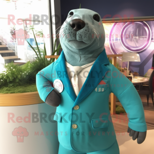 Cyan Sea Lion mascot costume character dressed with a Suit Jacket and Brooches
