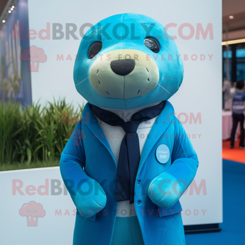 Cyan Sea Lion mascot costume character dressed with a Suit Jacket and Brooches