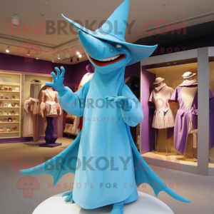 Sky Blue Pterodactyl mascot costume character dressed with a Empire Waist Dress and Hats