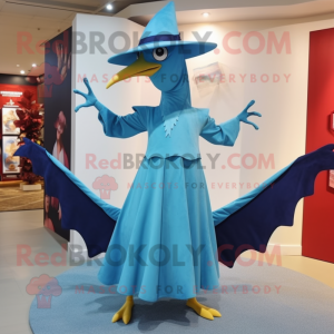 Sky Blue Pterodactyl mascot costume character dressed with a Empire Waist Dress and Hats