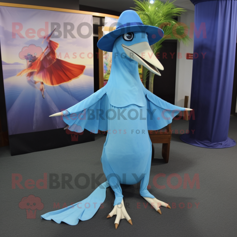 Sky Blue Pterodactyl mascot costume character dressed with a Empire Waist Dress and Hats