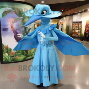 Sky Blue Pterodactyl mascot costume character dressed with a Empire Waist Dress and Hats