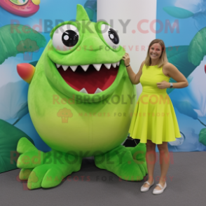 Lime Green Piranha mascot costume character dressed with a Shift Dress and Foot pads