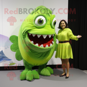 Lime Green Piranha mascot costume character dressed with a Shift Dress and Foot pads