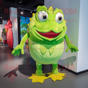 Lime Green Piranha mascot costume character dressed with a Shift Dress and Foot pads