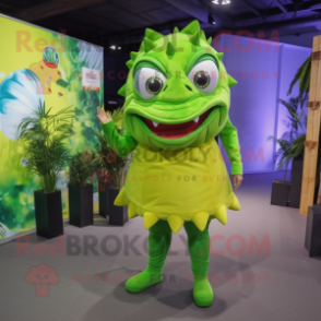 Lime Green Piranha mascot costume character dressed with a Shift Dress and Foot pads