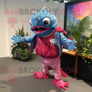 Magenta Piranha mascot costume character dressed with a Denim Shirt and Shawls