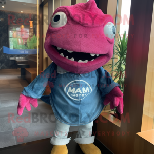 Magenta Piranha mascot costume character dressed with a Denim Shirt and Shawls