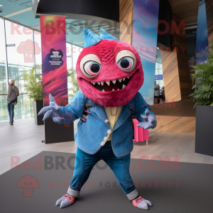 Magenta Piranha mascot costume character dressed with a Denim Shirt and Shawls