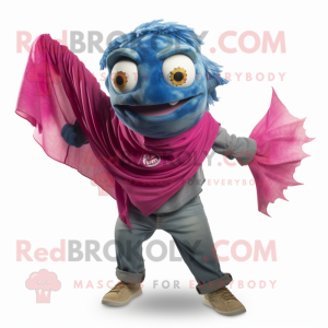 Magenta Piranha mascot costume character dressed with a Denim Shirt and Shawls