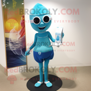 Cyan Hourglass mascot costume character dressed with a One-Piece Swimsuit and Keychains
