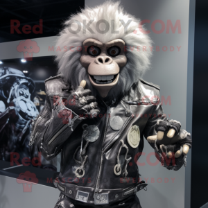 Silver Monkey mascot costume character dressed with a Biker Jacket and Smartwatches
