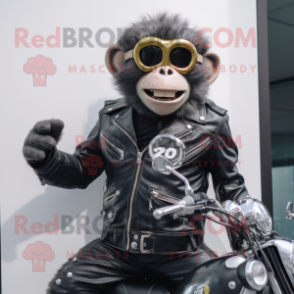 Silver Monkey mascot costume character dressed with a Biker Jacket and Smartwatches