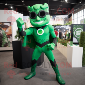 Forest Green Superhero mascot costume character dressed with a Suit and Suspenders