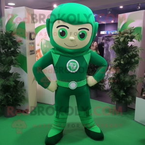 Forest Green Superhero mascot costume character dressed with a Suit and Suspenders