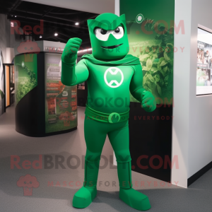 Forest Green Superhero mascot costume character dressed with a Suit and Suspenders
