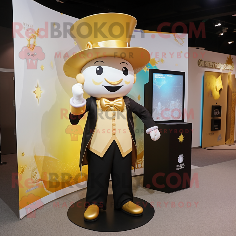 Gold Magician mascot costume character dressed with a Blouse and Suspenders