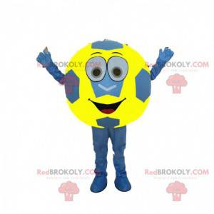 Mascota de balón de fútbol azul y amarillo, disfraz de