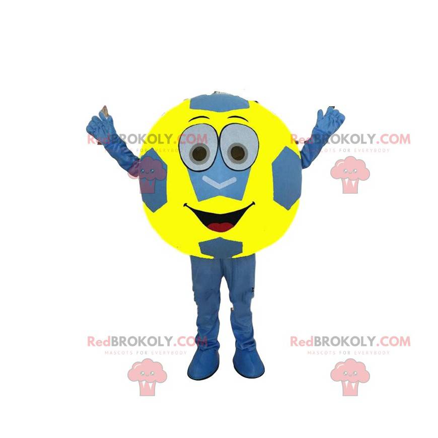 Mascote da bola de futebol azul e amarelo, fantasia de torcedor