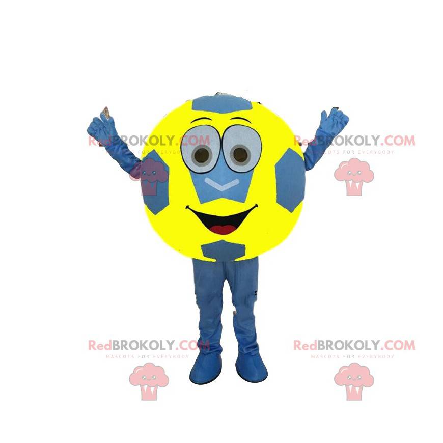 Mascotte de ballon de foot bleu et jaune, costume de supporter