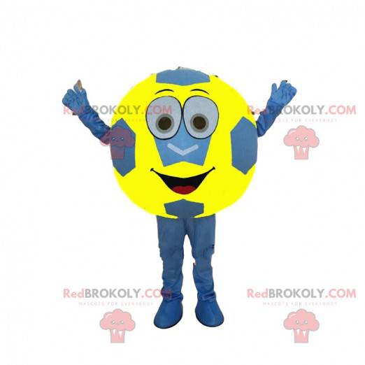 Mascote da bola de futebol azul e amarelo, fantasia de torcedor
