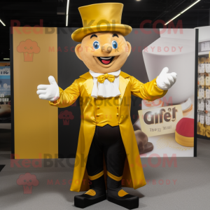 Gold Magician mascot costume character dressed with a Blouse and Suspenders