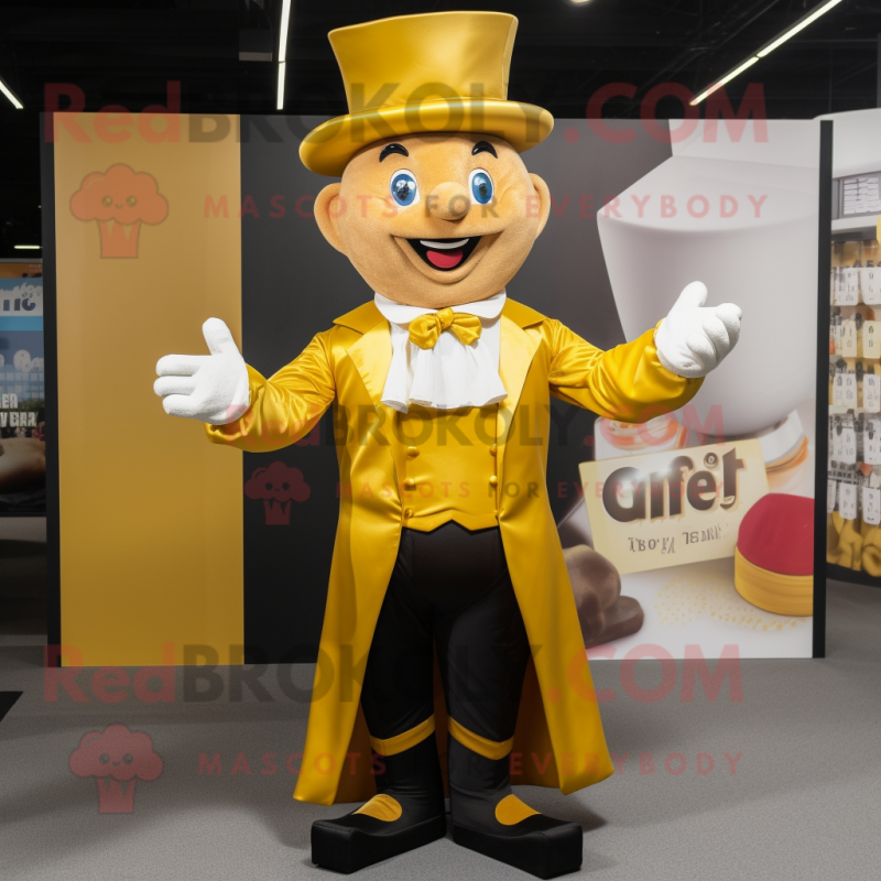 Gold Magician mascot costume character dressed with a Blouse and Suspenders Gold Magician mascot costume character dressed with a Blouse and Suspenders