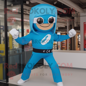 Sky Blue Superhero mascot costume character dressed with a Windbreaker and Beanies