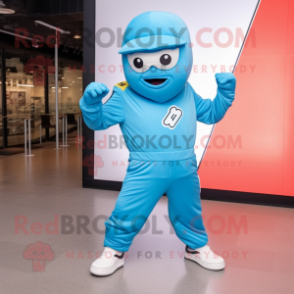 Sky Blue Superhero mascot costume character dressed with a Windbreaker and Beanies