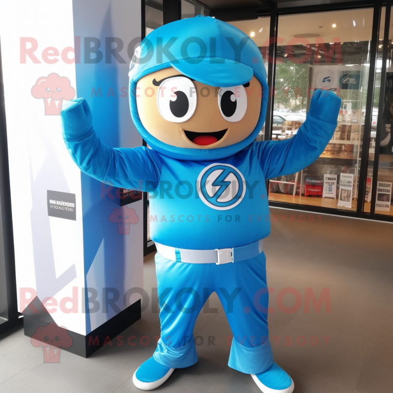 Sky Blue Superhero mascot costume character dressed with a Windbreaker and Beanies Sky Blue Superhero mascot costume character dressed with a Windbreaker and Beanies