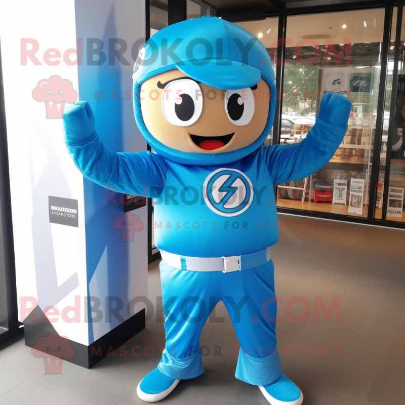 Sky Blue Superhero mascot costume character dressed with a Windbreaker and Beanies