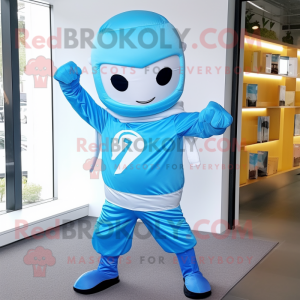 Sky Blue Superhero mascot costume character dressed with a Windbreaker and Beanies